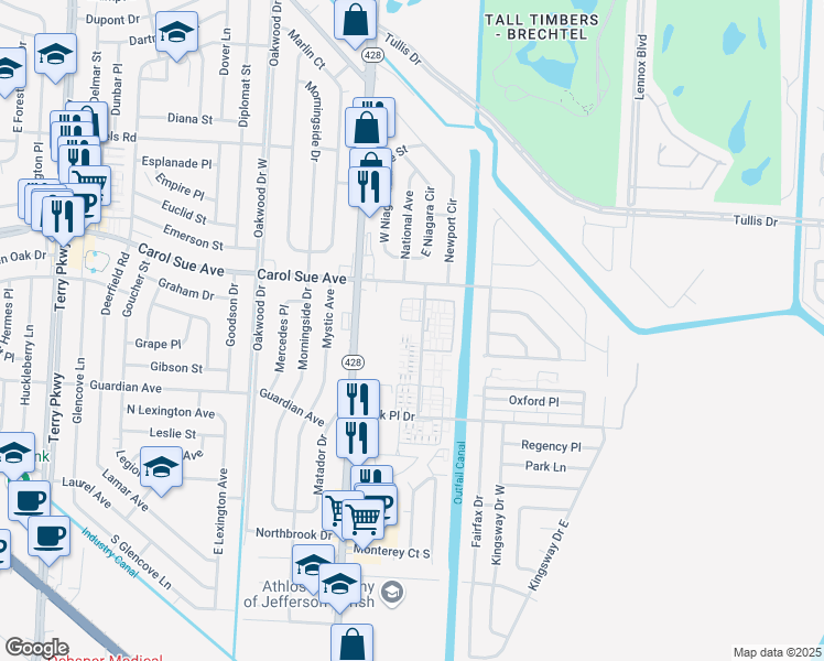 map of restaurants, bars, coffee shops, grocery stores, and more near in Terrytown