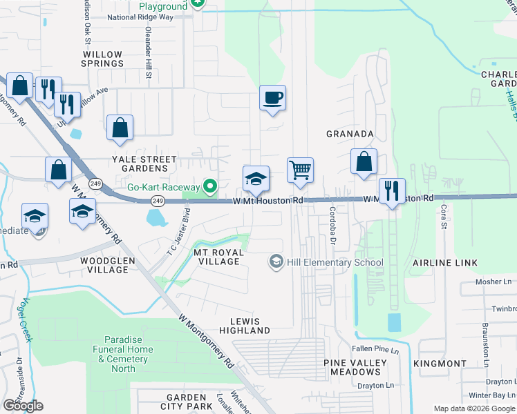 map of restaurants, bars, coffee shops, grocery stores, and more near 2600 West Mount Houston Road in Houston