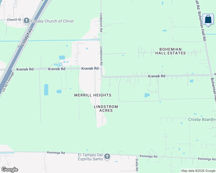 map of restaurants, bars, coffee shops, grocery stores, and more near 1602 Krenek Road in Crosby