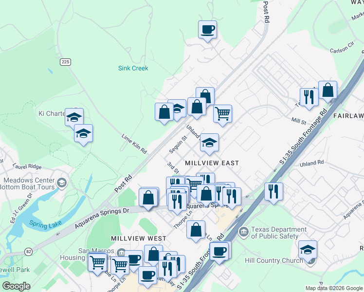 map of restaurants, bars, coffee shops, grocery stores, and more near 200 Uhland Road in San Marcos