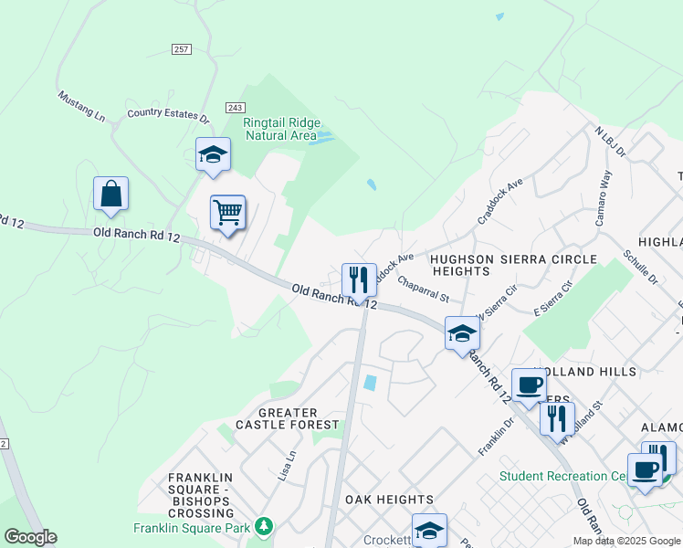 map of restaurants, bars, coffee shops, grocery stores, and more near 1720 Old Ranch Road 12 in San Marcos