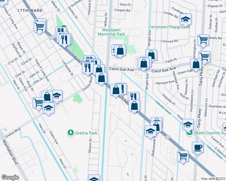 map of restaurants, bars, coffee shops, grocery stores, and more near 101 Enterprise Drive in Gretna