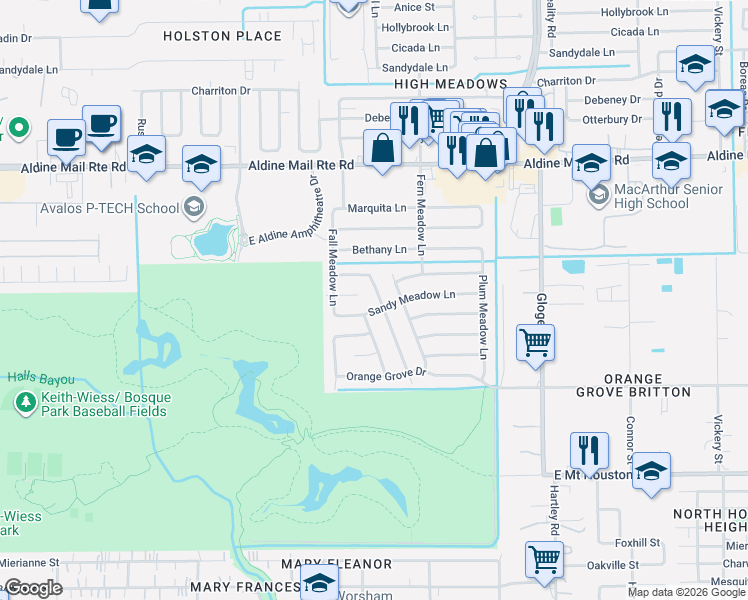 map of restaurants, bars, coffee shops, grocery stores, and more near 11935 Shady Meadow Street in Houston