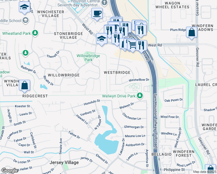 map of restaurants, bars, coffee shops, grocery stores, and more near 8634 Westcove Circle in Houston