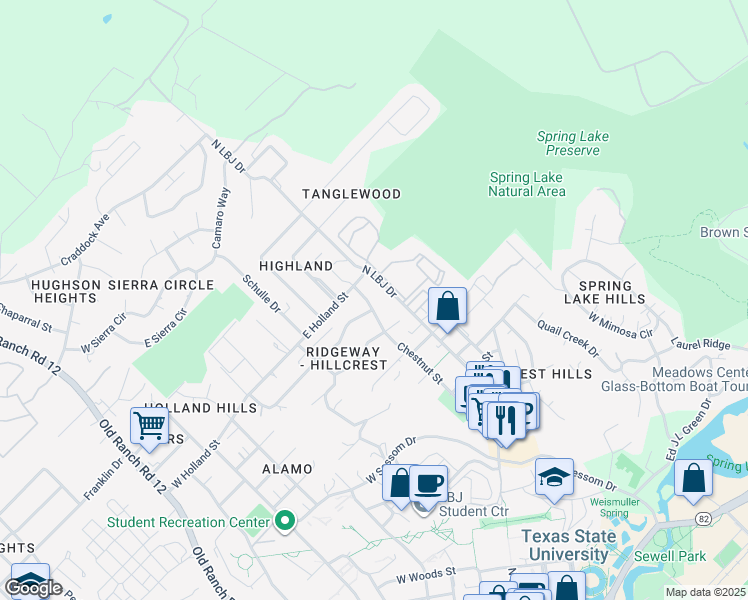 map of restaurants, bars, coffee shops, grocery stores, and more near 1336 Chestnut Street in San Marcos