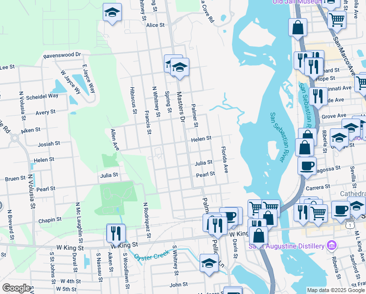 map of restaurants, bars, coffee shops, grocery stores, and more near 48 Masters Drive in St. Augustine