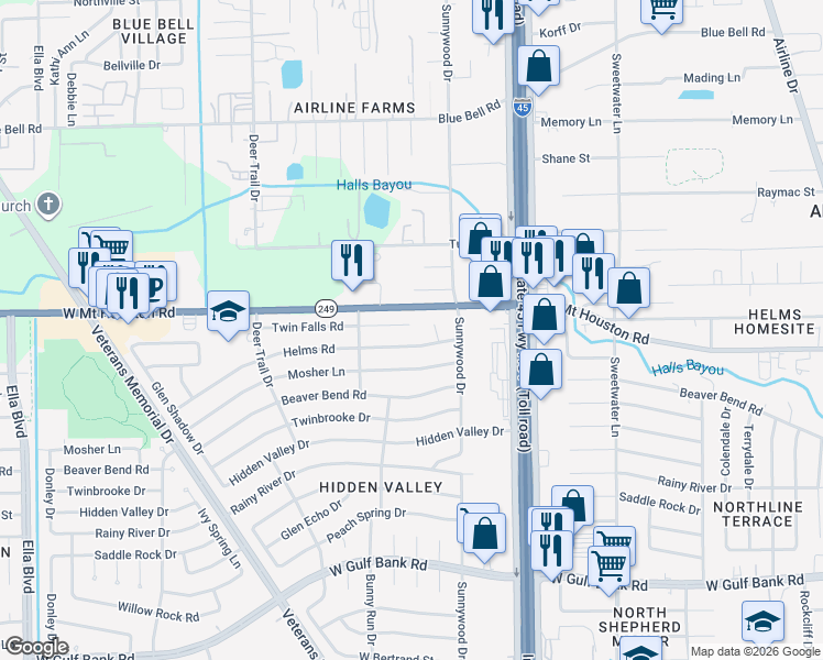 map of restaurants, bars, coffee shops, grocery stores, and more near 906 Twin Falls Road in Houston