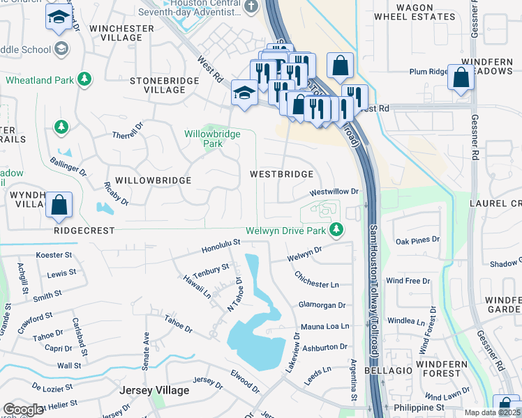 map of restaurants, bars, coffee shops, grocery stores, and more near 8634 Westcove Circle in Houston