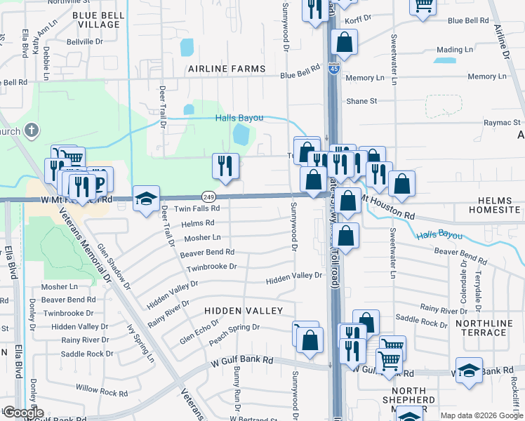 map of restaurants, bars, coffee shops, grocery stores, and more near 906 Twin Falls Road in Houston