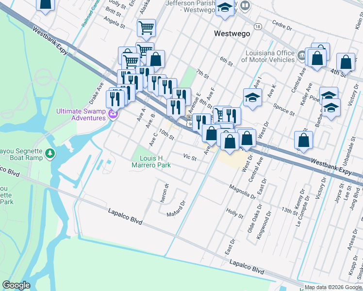map of restaurants, bars, coffee shops, grocery stores, and more near 610 10th Street in Westwego