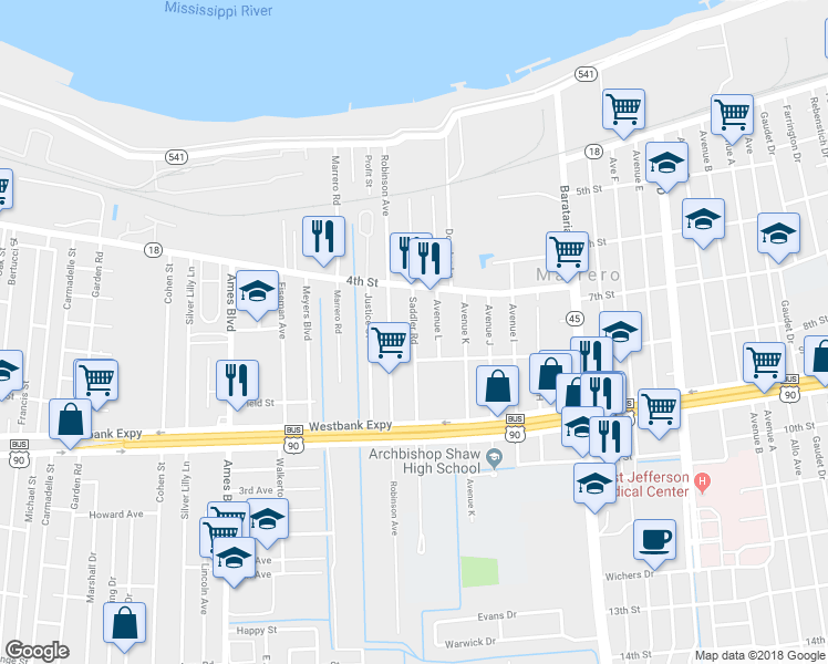 map of restaurants, bars, coffee shops, grocery stores, and more near 447 Saddler Road in Marrero