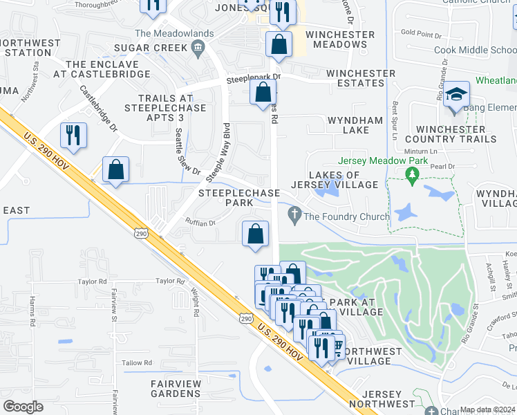 map of restaurants, bars, coffee shops, grocery stores, and more near 11012 Pleasant Colony Drive in Jersey Village