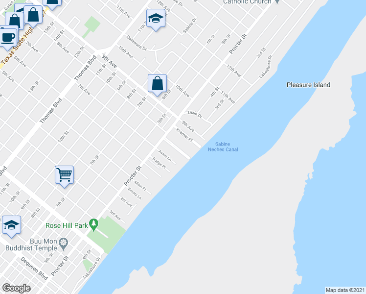 map of restaurants, bars, coffee shops, grocery stores, and more near 210 Dryden Place in Port Arthur