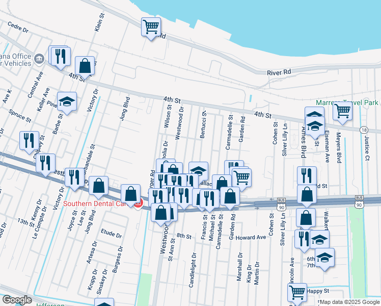 map of restaurants, bars, coffee shops, grocery stores, and more near 517 Oak Street in Marrero