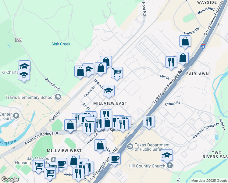 map of restaurants, bars, coffee shops, grocery stores, and more near 620-A/B Mill Street in San Marcos