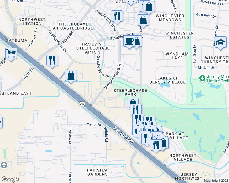 map of restaurants, bars, coffee shops, grocery stores, and more near 11111 Pleasant Colony Drive in Jersey Village
