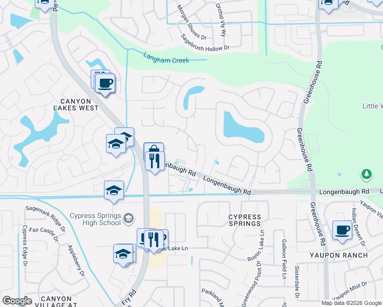 map of restaurants, bars, coffee shops, grocery stores, and more near 8110 Yarrow Drive in Cypress