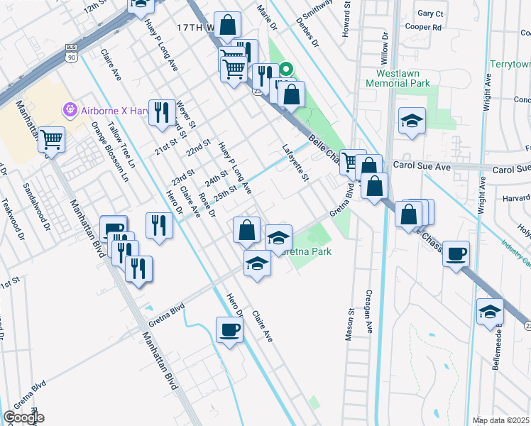 map of restaurants, bars, coffee shops, grocery stores, and more near 712 27th Street in Gretna