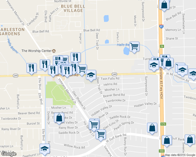 map of restaurants, bars, coffee shops, grocery stores, and more near Twin Falls Road in Houston