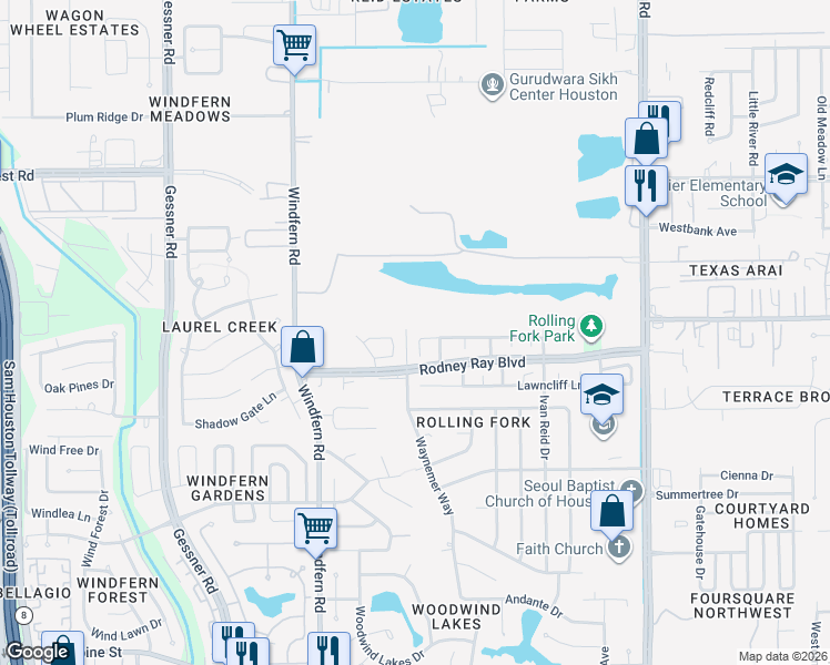 map of restaurants, bars, coffee shops, grocery stores, and more near 9018 Fairbloom Lane in Houston