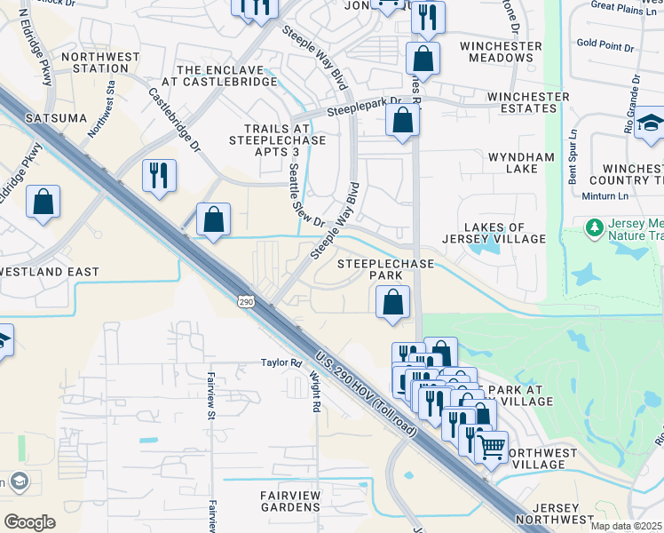 map of restaurants, bars, coffee shops, grocery stores, and more near 11111 Pleasant Colony Drive in Jersey Village