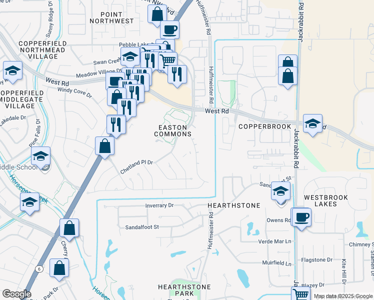 map of restaurants, bars, coffee shops, grocery stores, and more near 8255 Sunbury Lane in Houston