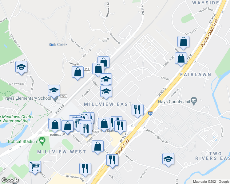 map of restaurants, bars, coffee shops, grocery stores, and more near 620-A/B Mill Street in San Marcos