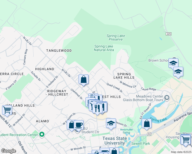 map of restaurants, bars, coffee shops, grocery stores, and more near 320 Lamar Avenue in San Marcos