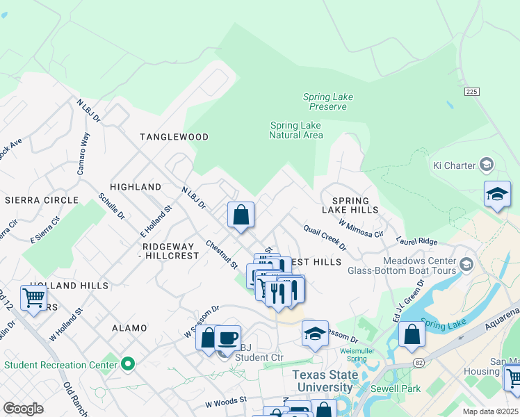 map of restaurants, bars, coffee shops, grocery stores, and more near 221 Ramsay Street in San Marcos