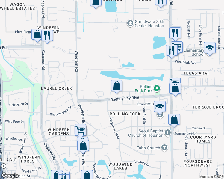 map of restaurants, bars, coffee shops, grocery stores, and more near 9018 Fairbloom Lane in Houston