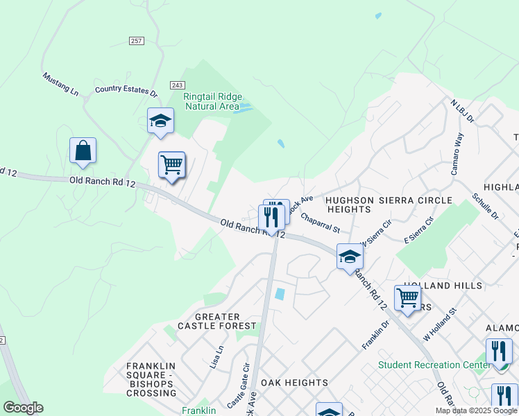map of restaurants, bars, coffee shops, grocery stores, and more near 1720 Old Ranch Road 12 in San Marcos