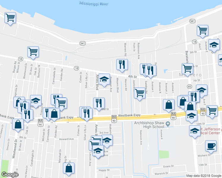 map of restaurants, bars, coffee shops, grocery stores, and more near 554 Eiseman Avenue in Marrero