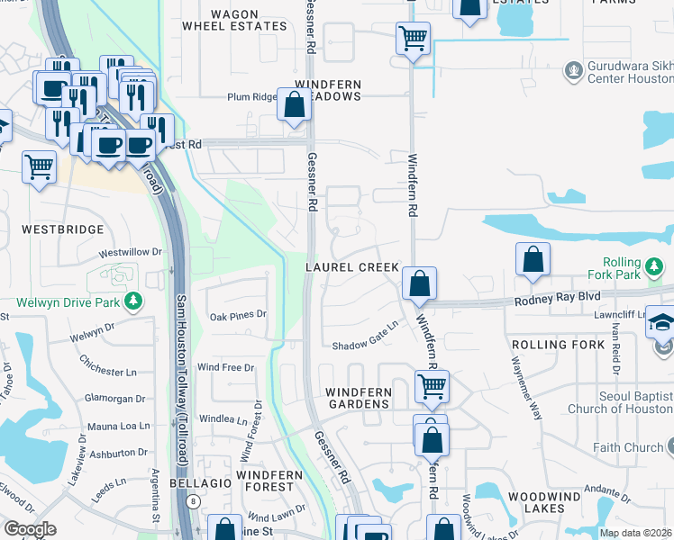 map of restaurants, bars, coffee shops, grocery stores, and more near 5290 Village Terrace in Houston