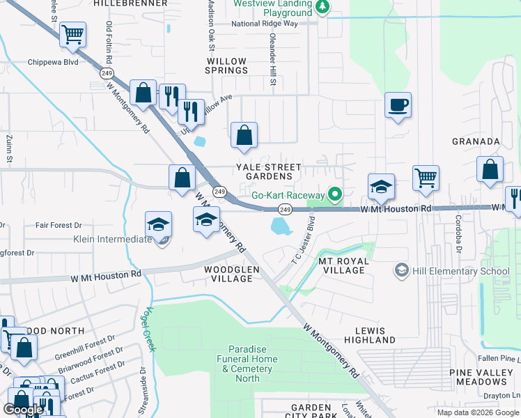 map of restaurants, bars, coffee shops, grocery stores, and more near 5044 Tomball Parkway in Houston