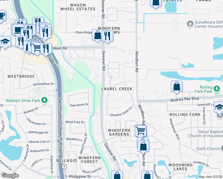 map of restaurants, bars, coffee shops, grocery stores, and more near 5290 Village Terrace in Houston
