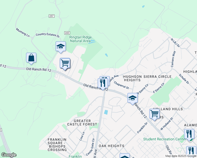 map of restaurants, bars, coffee shops, grocery stores, and more near 1720 Old Ranch Road 12 in San Marcos