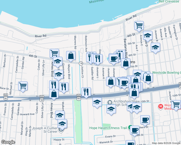 map of restaurants, bars, coffee shops, grocery stores, and more near 443 Saddler Road in Marrero