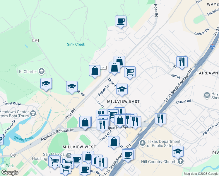 map of restaurants, bars, coffee shops, grocery stores, and more near 200 Uhland Road in San Marcos