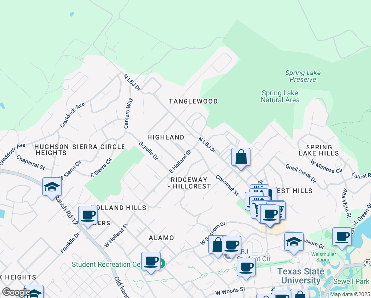 map of restaurants, bars, coffee shops, grocery stores, and more near 1414 Meadow Parkway in San Marcos