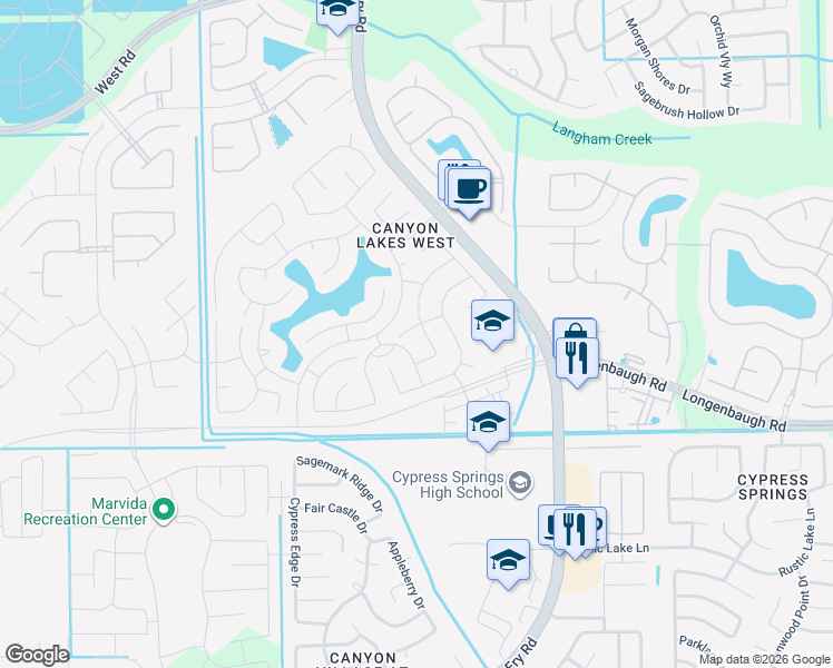 map of restaurants, bars, coffee shops, grocery stores, and more near 20702 Ranch Mill Lane in Cypress