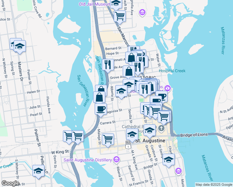 map of restaurants, bars, coffee shops, grocery stores, and more near 60 Orange Street in St. Augustine