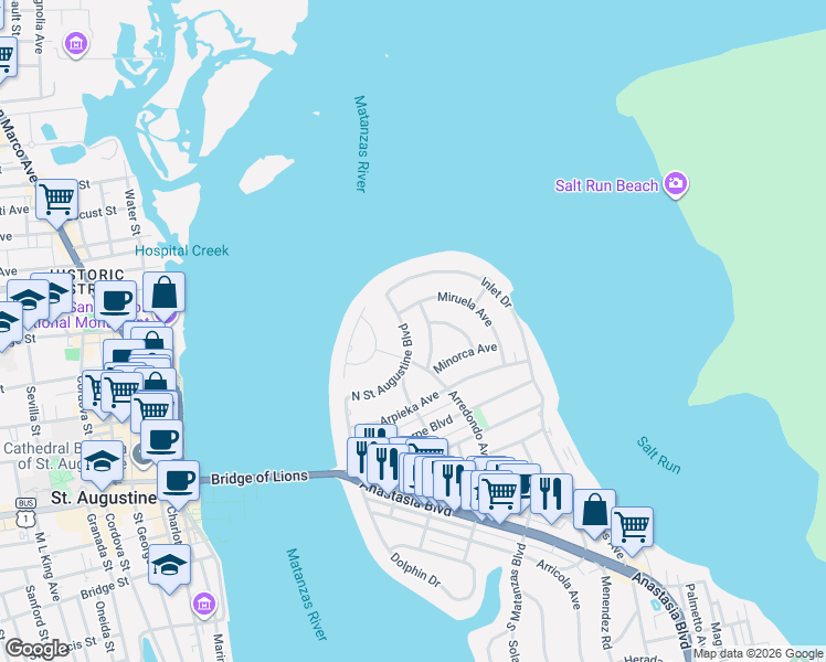 map of restaurants, bars, coffee shops, grocery stores, and more near 22 Montrano Avenue in St. Augustine