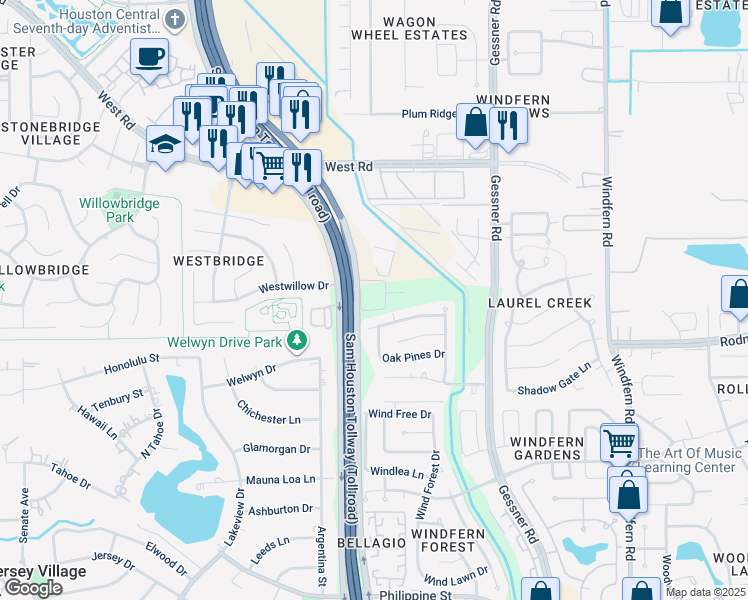 map of restaurants, bars, coffee shops, grocery stores, and more near 8870 West Sam Houston Parkway North in Houston