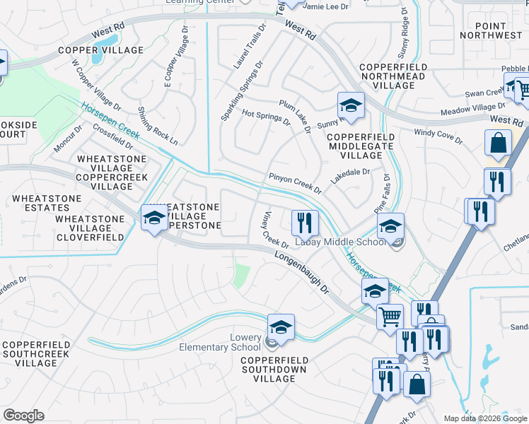 map of restaurants, bars, coffee shops, grocery stores, and more near 7846 Sunny Ridge Drive in Houston