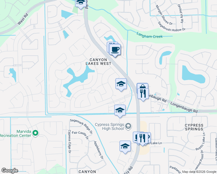 map of restaurants, bars, coffee shops, grocery stores, and more near 20703 Keegans Ledge Lane in Cypress