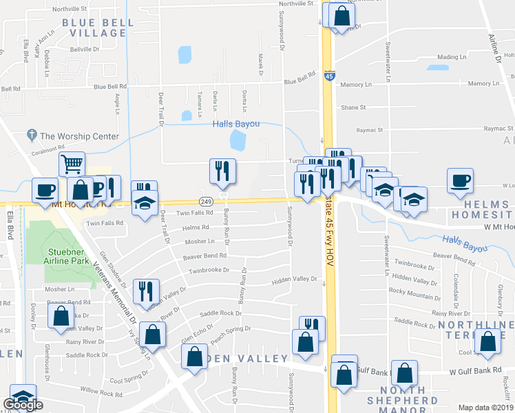 map of restaurants, bars, coffee shops, grocery stores, and more near 906 Twin Falls Road in Houston