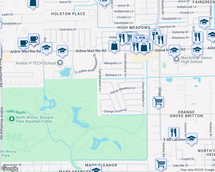 map of restaurants, bars, coffee shops, grocery stores, and more near 3519 Blue Meadow Lane in Houston