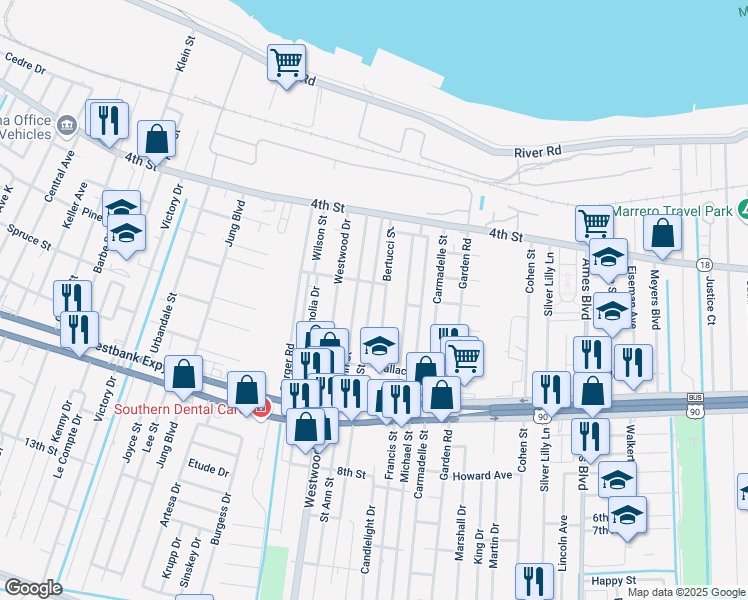 map of restaurants, bars, coffee shops, grocery stores, and more near 517 Oak Street in Marrero