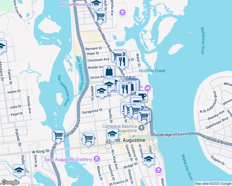 map of restaurants, bars, coffee shops, grocery stores, and more near 40 Orange Street in St. Augustine