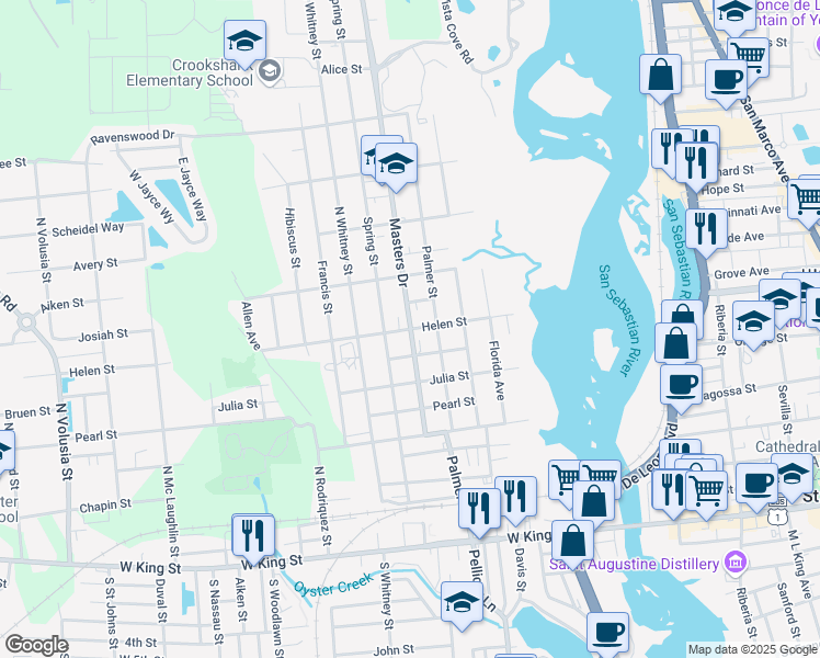 map of restaurants, bars, coffee shops, grocery stores, and more near 48 Masters Drive in St. Augustine